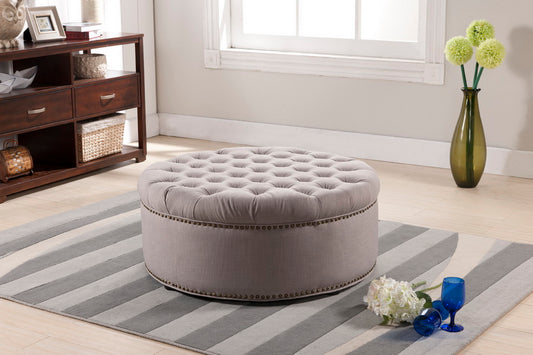 Iglehart Ottoman Beige Linen Modern Tufted