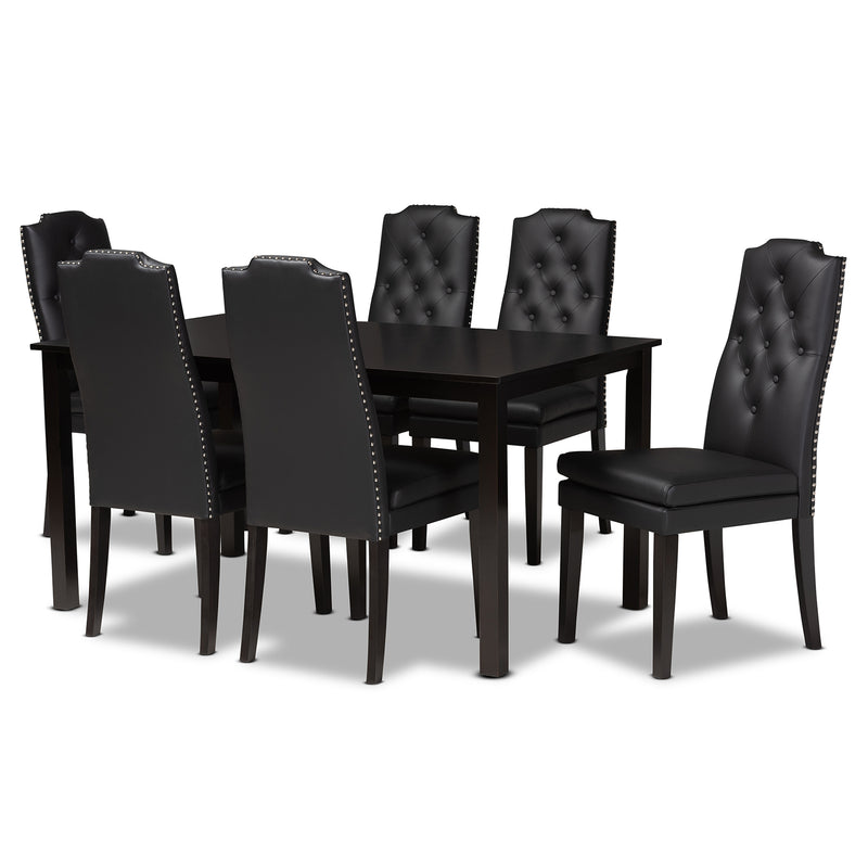 Dylin Dining Set Modern and Contemporary Black Faux Leather Upholstered and Dark Brown Finished Wood 7-Piece