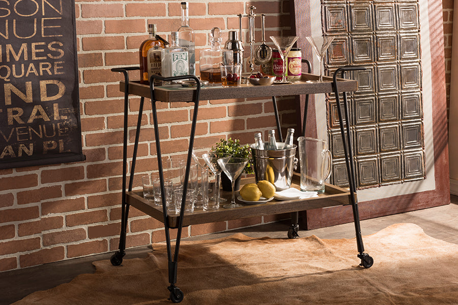 Jessica Mobile Serving Bar Cart - Rustic Industrial Style with Antique Black Finish and Distressed Ash Wood