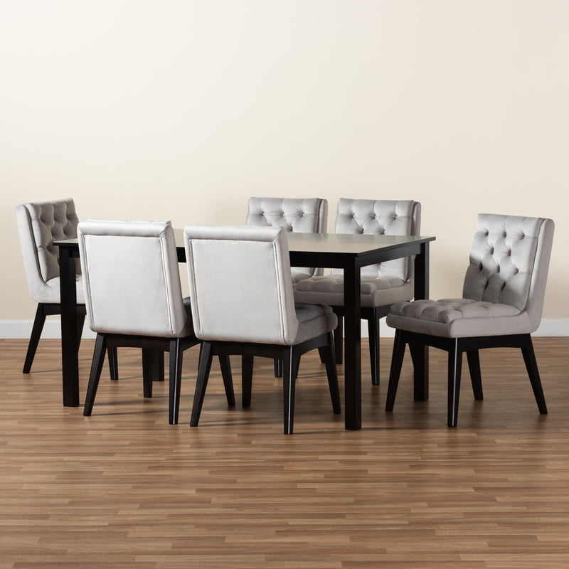 Makar Modern 7-Piece Dining Set with Light Grey Velvet Chairs and Dark Brown Finished Wood Table