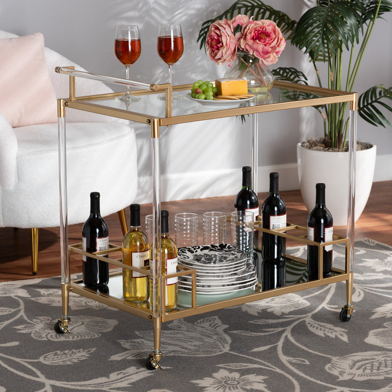 Rosalina Wine Cart - Contemporary Glam Luxe Design with Gold Metal and Mirrored Glass Accents