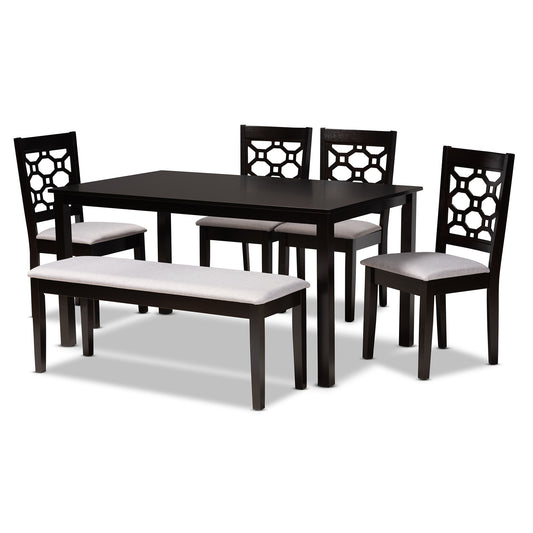 Gabriel Dining Set Modern and Contemporary Grey Fabric Upholstered Dark Brown Finished Wood 6-Piece