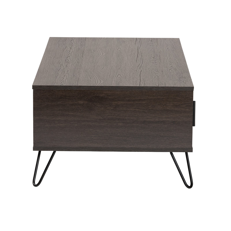 Baldor Coffee Table - Modern Design with Dark Brown Wood and Black Metal, Featuring 2 Storage Drawers