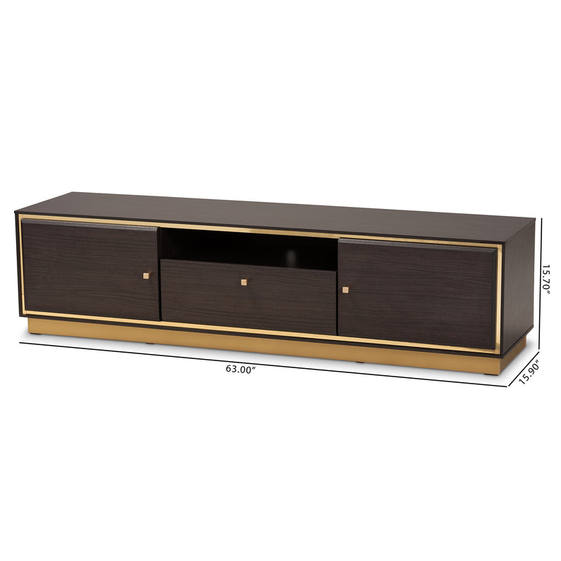 Cormac TV Stand Mid-Century Modern Transitional Dark Brown Finished Wood and Gold Metal 2-Door