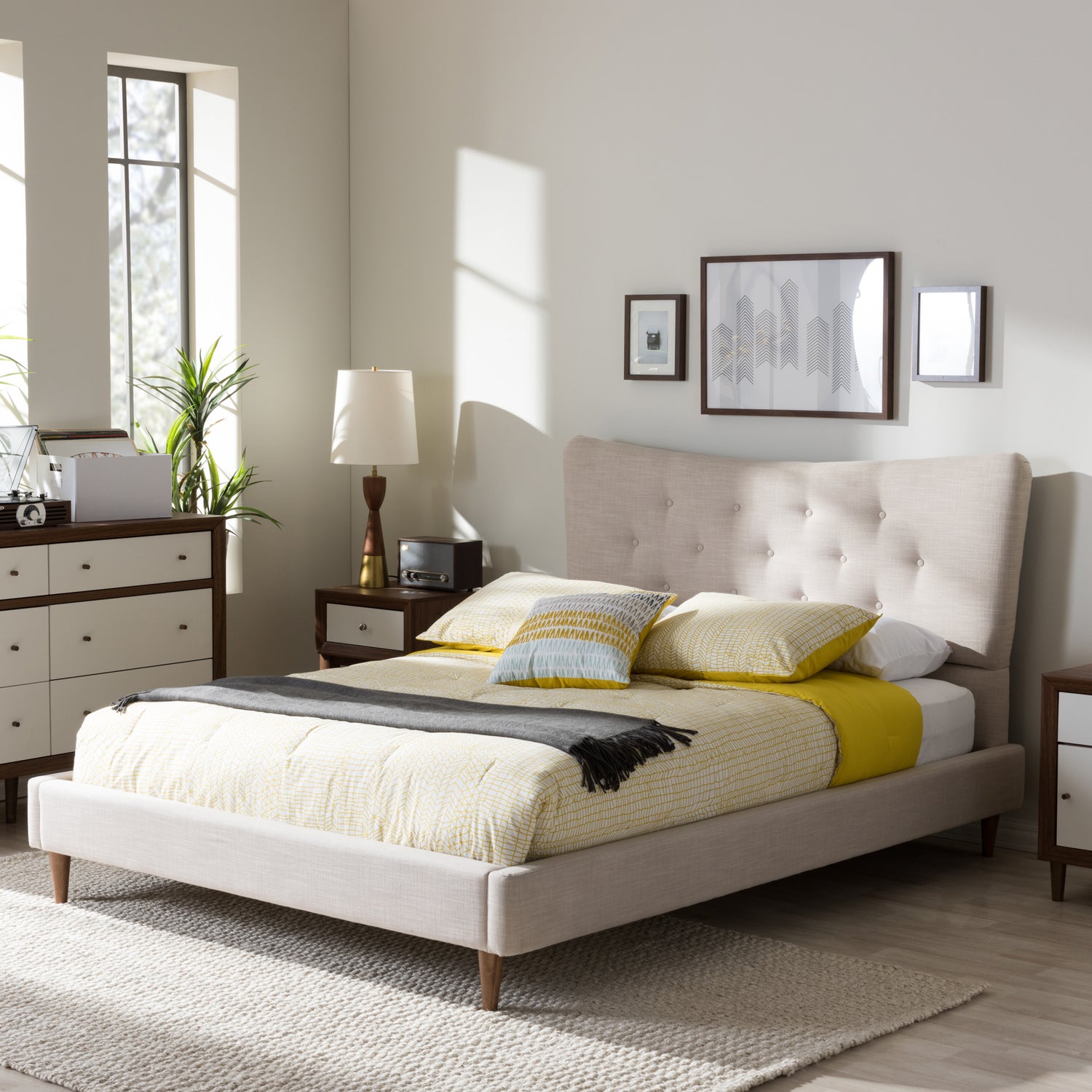 Hannah Platform Bed - Mid-Century Modern Beige Linen