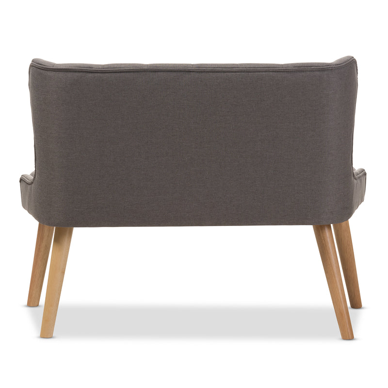 Melody 2-Seater Settee Bench in Mid-Century Modern Style with Grey Fabric and Natural Wood Finish