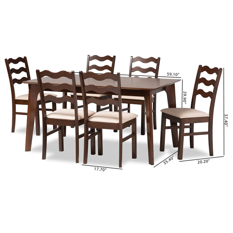 Amara Dining Set Mid-Century Modern 7-Piece Cream Fabric and Dark Brown Wood Collection for Stylish Dining Rooms