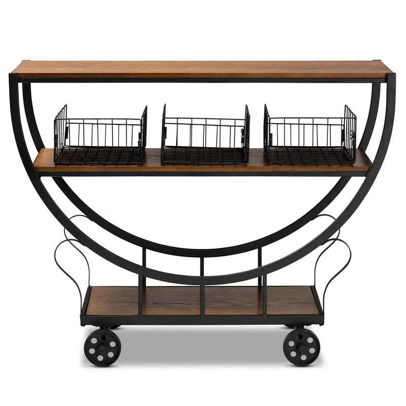 Frieda Console Cart Rustic Industrial Farmhouse Design with Walnut Brown Wood and Black Metal Accents