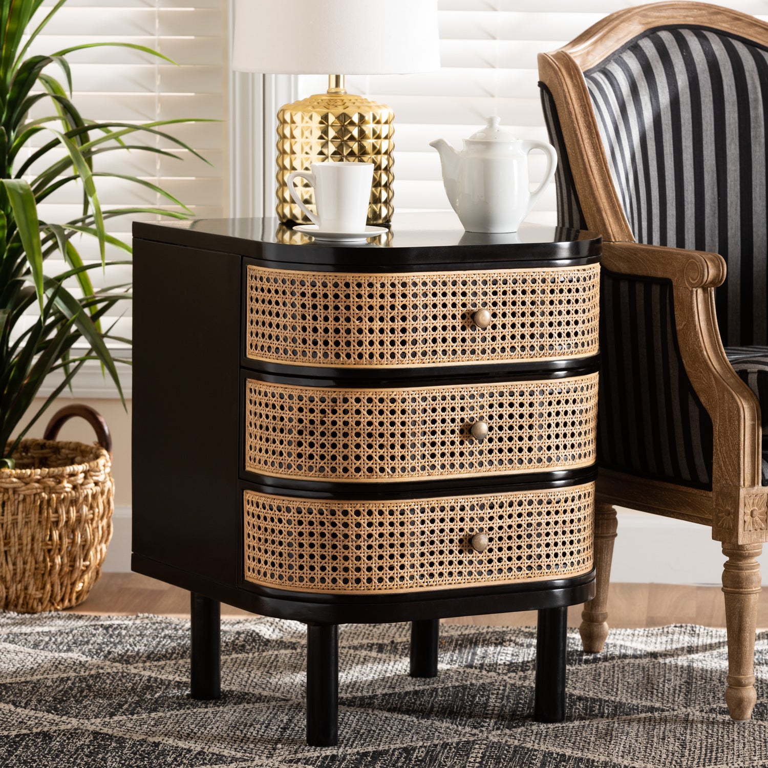 Nabila Modern Bohemian End Table Black Bayur Wood Natural Rattan 3-Drawer Nightstand for Stylish Bedroom Storage