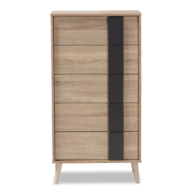 Lisen 5-Drawer Chest in Mid-Century Modern Light Oak and Grey Finish, Stylish Storage for Bedroom or Living Room