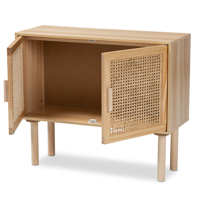 Maclean Mid-Century Modern Sideboard Buffet with Rattan and Natural Brown Wood, Stylish Storage for Dining or Living Room