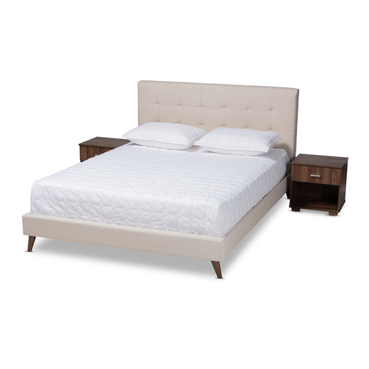 Maren Mid-Century Modern Platform Bed with Two Nightstands - Beige Fabric Upholstered