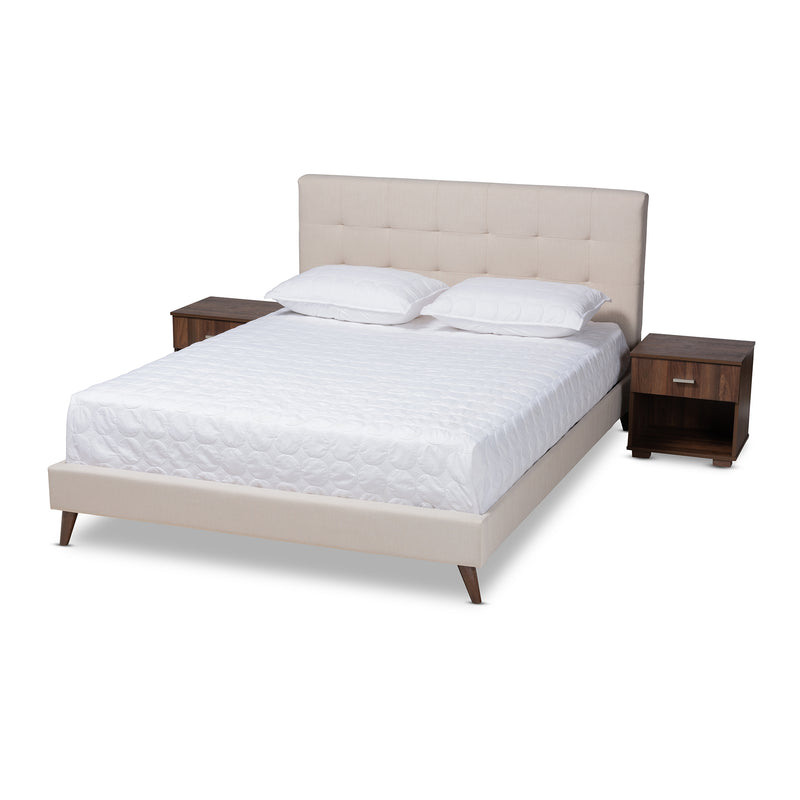 Maren Mid-Century Modern Platform Bed with Two Nightstands - Beige Fabric Upholstered