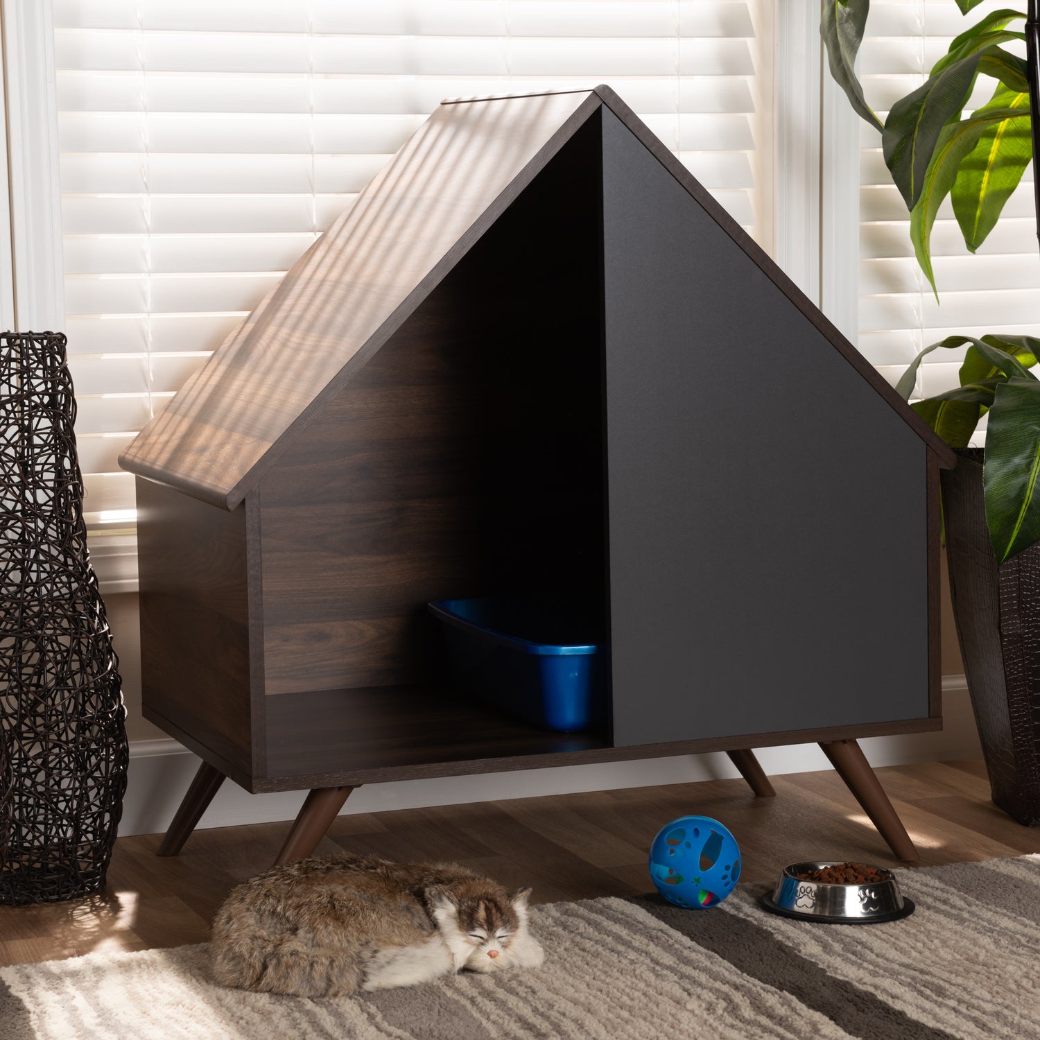 Mia Cat Litter Box Cover House in Modern Two-Tone Walnut Brown and Grey Finished Wood Design