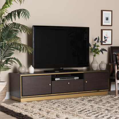 Cormac TV Stand Mid-Century Modern Transitional Dark Brown Finished Wood and Gold Metal 2-Door