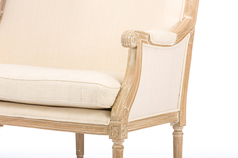 Chavanon Traditional French Loveseat in Wood and Light Beige Linen for Elegant Living Room Seating