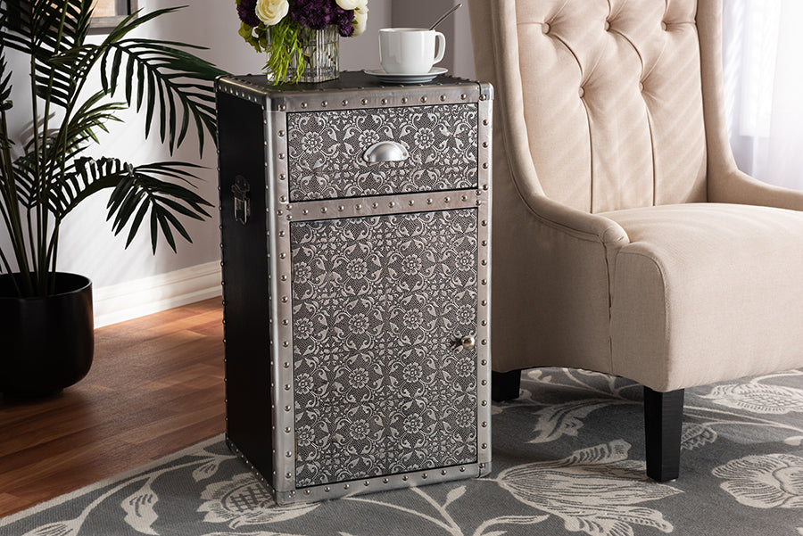 Cosette Vintage Industrial Silver Metal Floral Accent Cabinet with Decorative Design and Storage for Home Decor