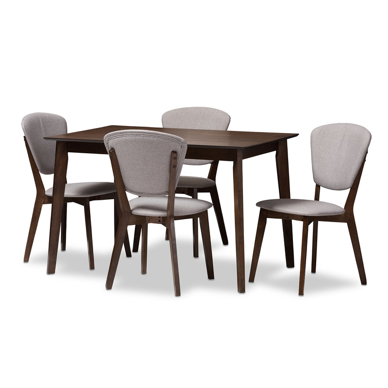 Tarelle Mid-Century Modern 5-Piece Dining Set with Walnut Finish and Light Grey Upholstery