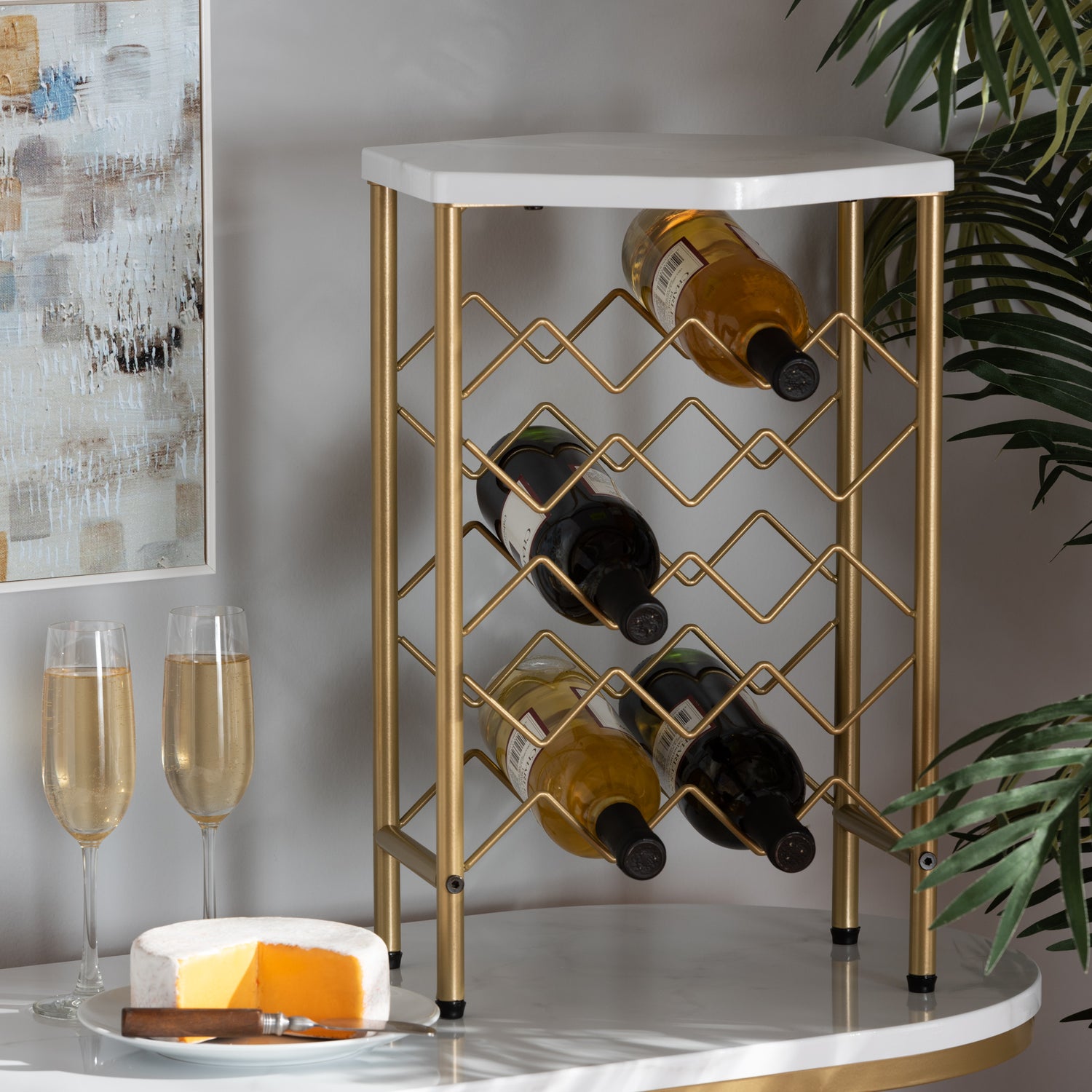 Phoebe Modern Wine Rack with Gold Finished Metal and Faux Marble Tabletop