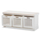 Tabor Storage Bench Modern Beige Fabric Upholstered with White Finished Wood and 3 Rattan Accent Baskets for Stylish Organization