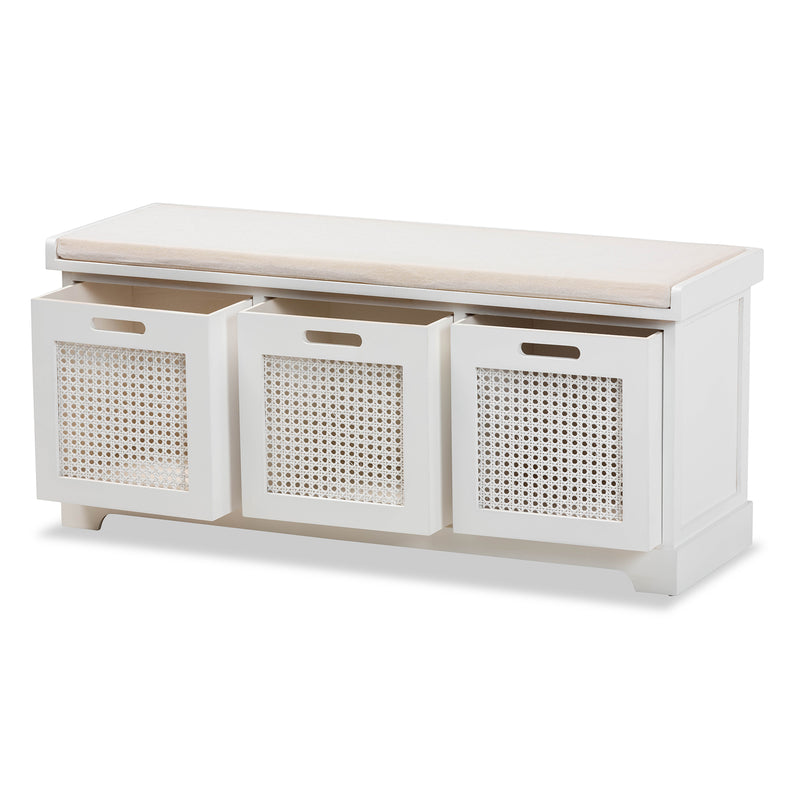 Tabor Storage Bench Modern Beige Fabric Upholstered with White Finished Wood and 3 Rattan Accent Baskets for Stylish Organization