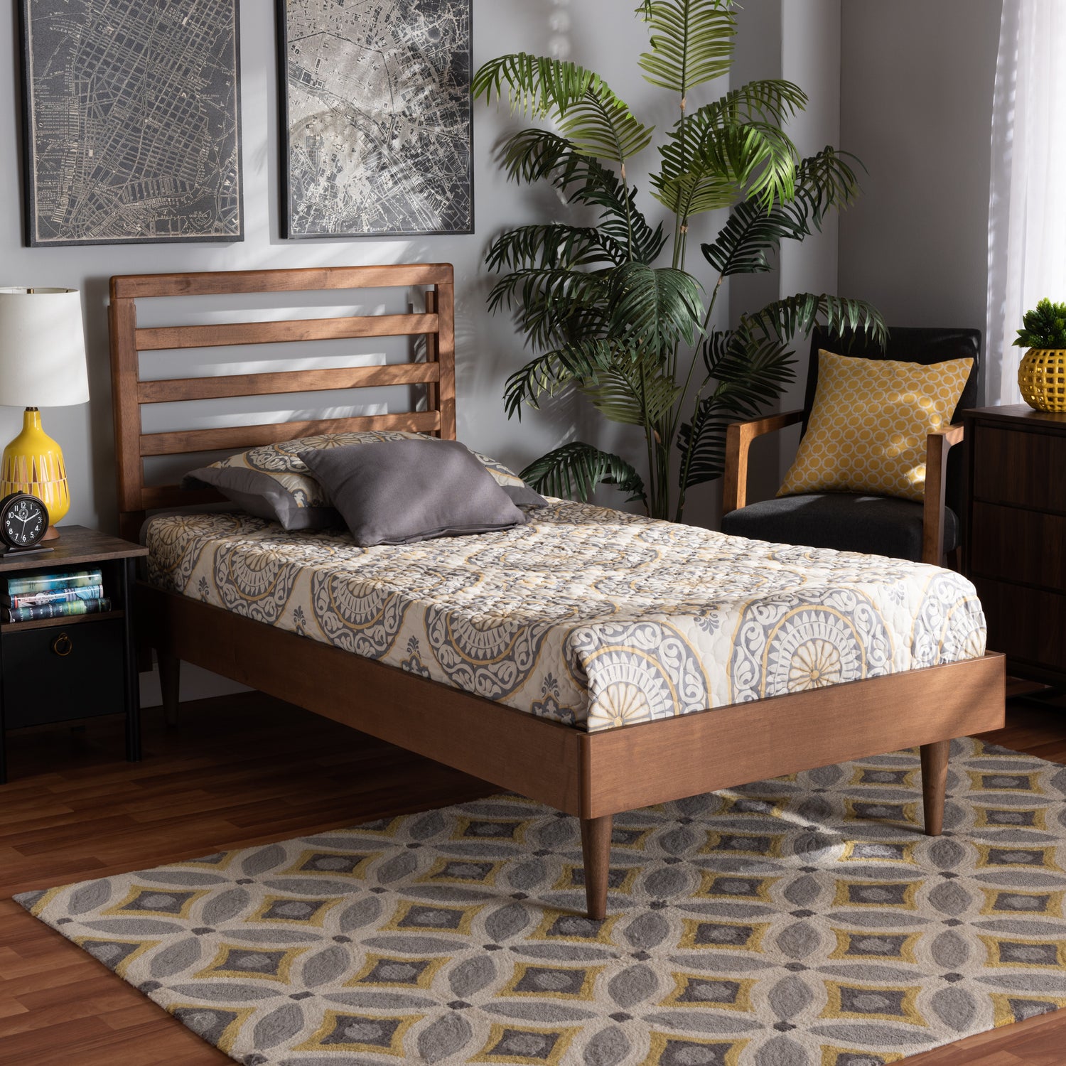 Ryo Twin Size Platform Bed in Mid-Century Modern Design with Walnut Brown Finish