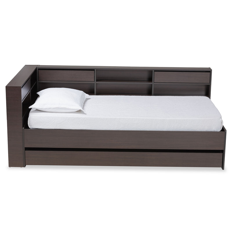 Faraday Twin Size Platform Storage Corner Bed in Dark Brown Finished Wood - Modern Design with Ample Storage Solutions