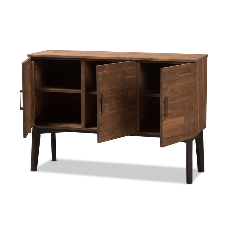 Selena Mid-Century Modern Sideboard Buffet Brown Wood 3-Door Storage Cabinet for Dining or Living Room