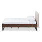 Mitchell Platform Bed - Rustic Industrial Walnut Wood with Beige Fabric and Dark Bronze Metal