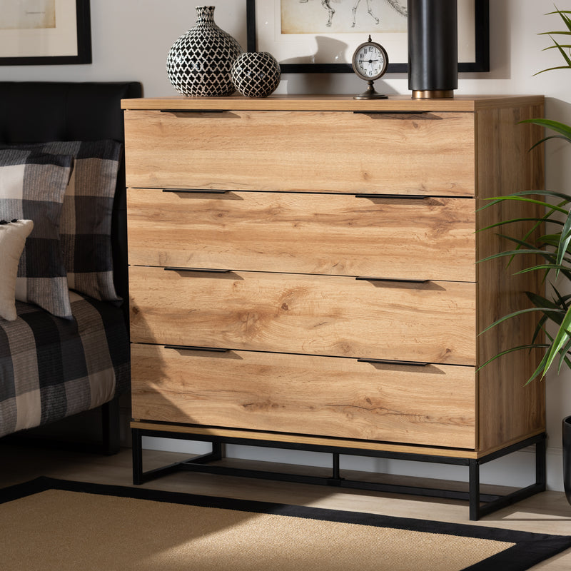 Reid 4-Drawer Dresser in Modern Industrial Style with Oak Finish and Black Metal Accents