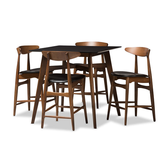 Flora Mid-Century Modern Pub Set 5-Piece Black Faux-Leather Upholstered Furniture with Walnut Finish for Dining