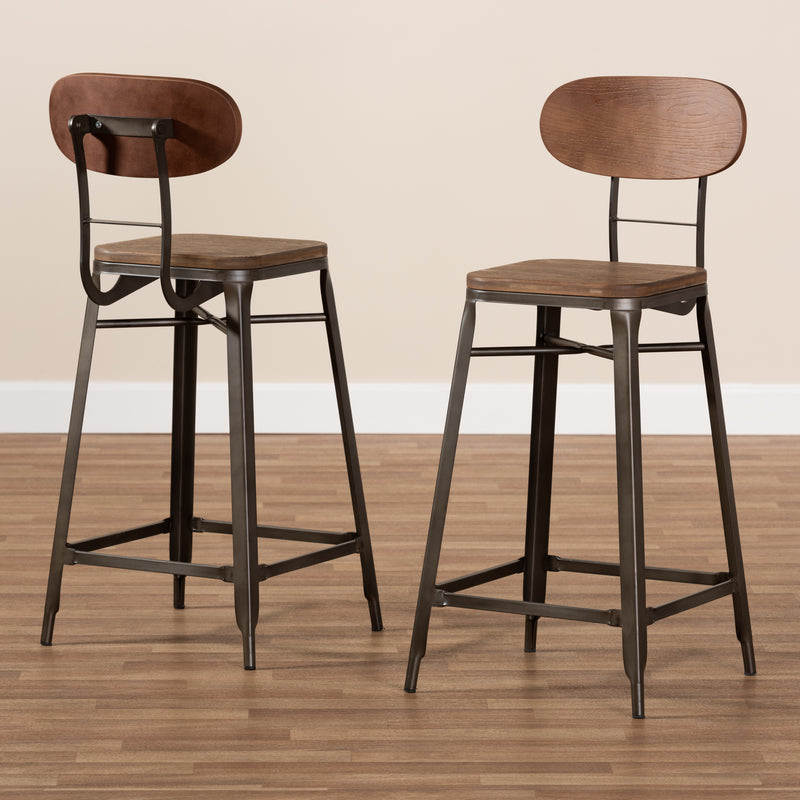 Varek Bar Stool Set Vintage Rustic Industrial Style Bamboo and Rust-Finished Steel Stackable Design for Space-Saving Convenience