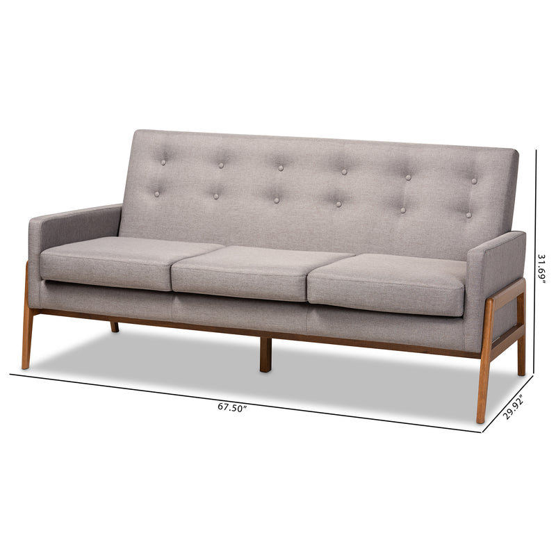 Perris Mid-Century Modern Sofa Light Grey Fabric Upholstered with Walnut Finished Frame Stylish Comfortable Living Room Furniture