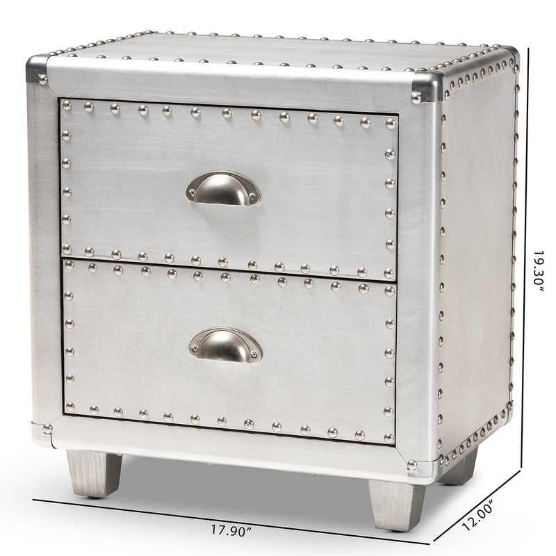 Davet Industrial End Table French Silver Metal 2-Drawer Nightstand for Living Room or Bedroom