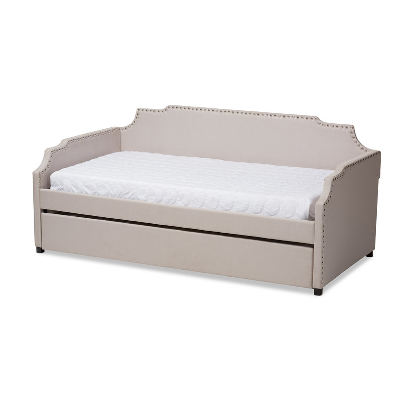 Ally Sofa Daybed - Modern and Contemporary Beige Fabric Upholstered with Roll Out Trundle Guest Bed