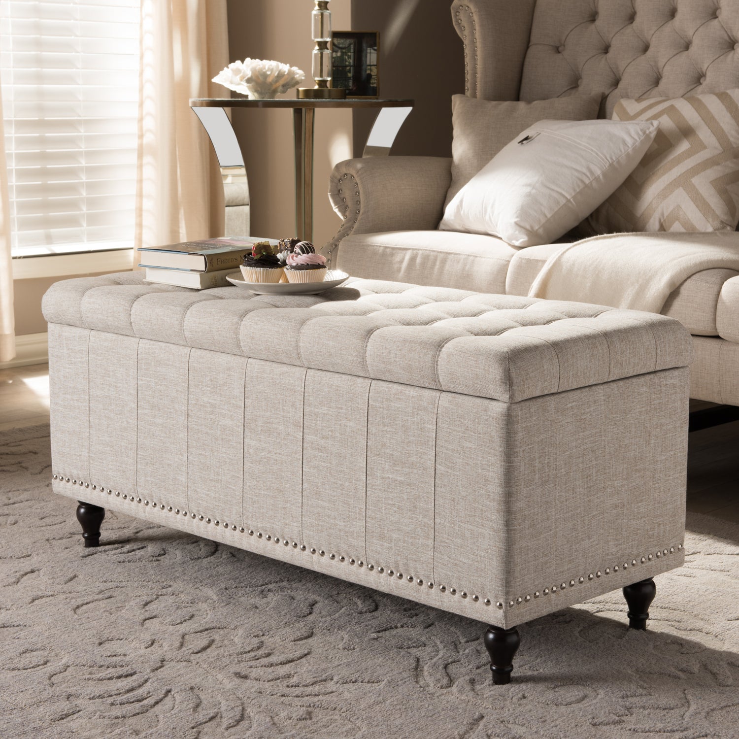 Kaylee Ottoman Modern Classic Beige Fabric Upholstered Button-Tufting Storage Bench