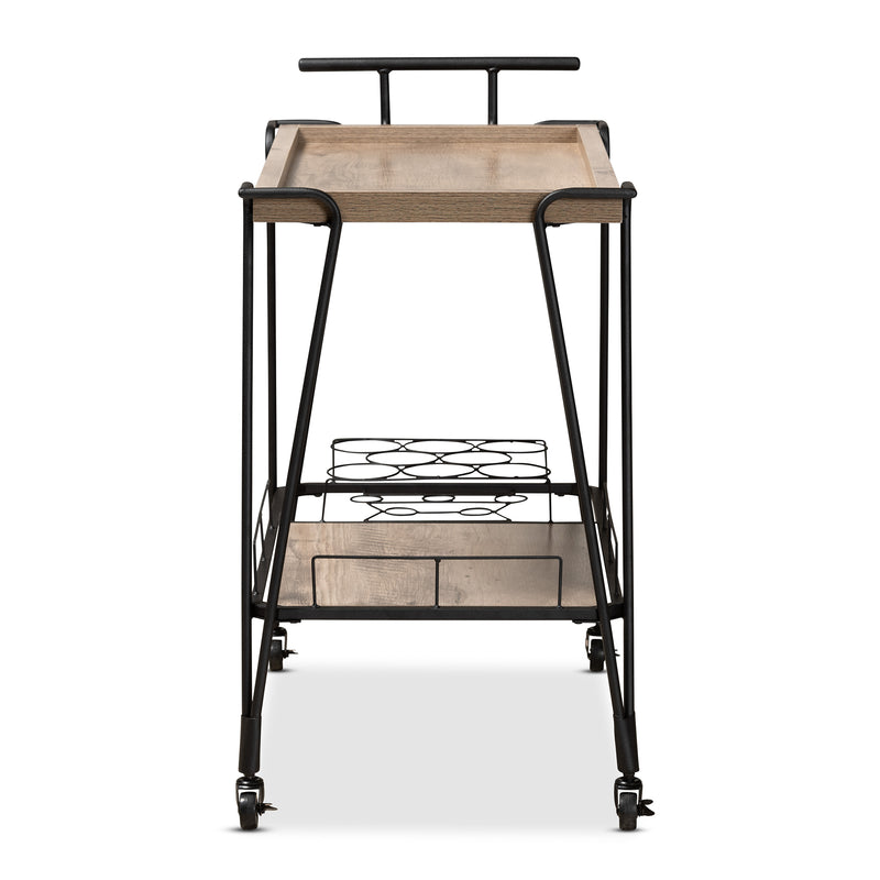 Perilla Wine Serving Cart - Modern Rustic Industrial Design with Oak Brown Wood and Black Metal, 2-Tier Storage for Home Bar