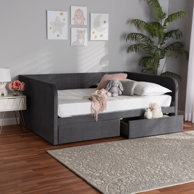 Basanti Full Size Daybed Modern Contemporary Grey Velvet Upholstered with 2 Drawers for Stylish Storage and Comfort