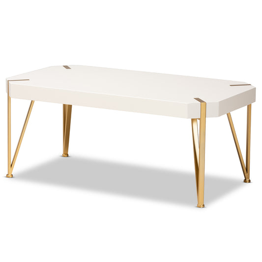 Kassa Coffee Table Contemporary Glam Luxe Design with Brushed Gold Metal and White Finished Wood