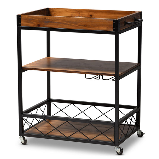 Capri Mobile Bar Cart Vintage Rustic Industrial Design in Oak Brown and Black Finish with Stemware Rack