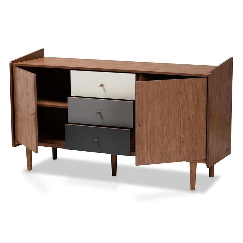 Halden Sideboard Mid-Century Modern 2-Door Buffet in Multicolor Walnut Brown and Grey Finished Wood for Dining Room Storage and Display