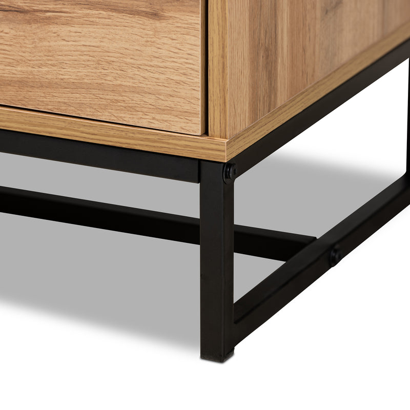 Reid TV Stand Modern Contemporary Industrial Design Oak Finished Wood Black Metal 2 Drawers for Storage