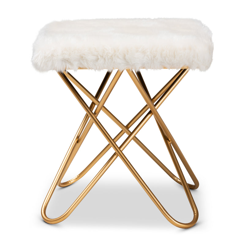 Valle Glam Luxe White Faux Fur Ottoman with Gold Metal Base Stylish Upholstered Accent Furniture for Living Room or Bedroom Decor