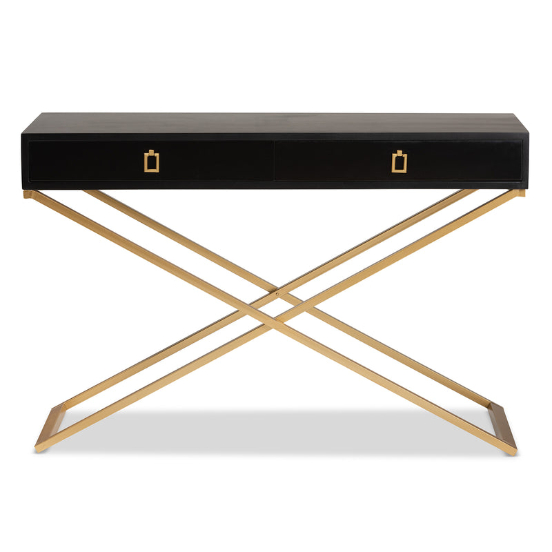 Madan Console Table Modern and Contemporary Black Finished Wood and Gold Metal 2-Drawer