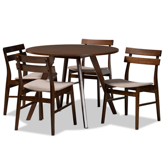 Eiko Dining Set Mid-Century Modern Transitional Light Beige Fabric Upholstered Walnut Brown Finished Wood 5-Piece