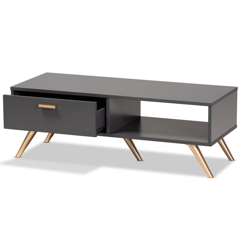 Kelson Coffee Table Modern Contemporary Dark Grey Wood Gold Finish Stylish Living Room Furniture Piece