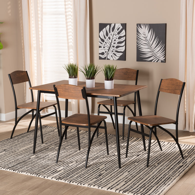 Neona 5-Piece Dining Set Modern Industrial Design with Walnut Brown Wood and Black Metal Accents for Stylish Dining Spaces