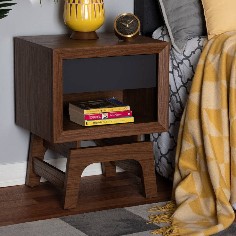 Svante Nightstand - Mid-Century Modern Walnut Brown and Dark Gray Wood with 1 Drawer for Bedroom Storage