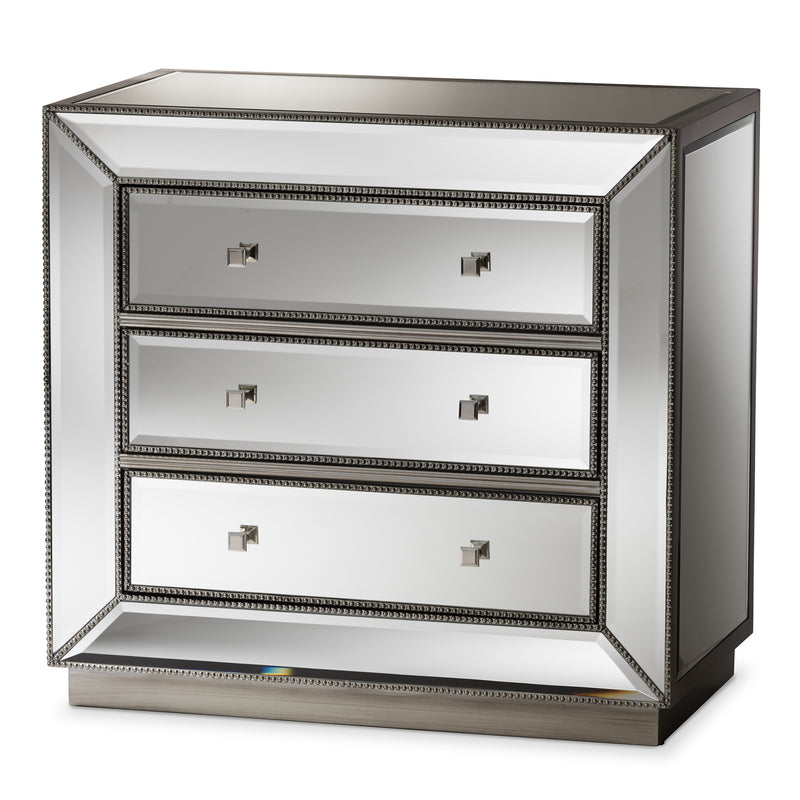 Edeline Mirrored 3-Drawer Cabinet in Hollywood Regency Style - Elegant Storage with Reflective Finish for Living Room or Bedroom Decor