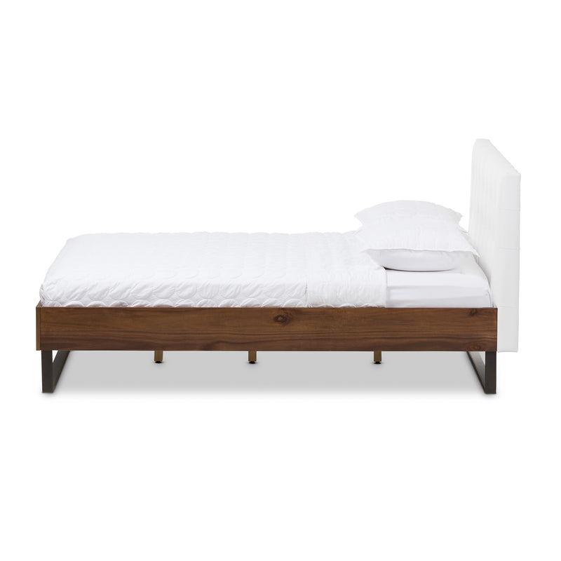 Mitchell Platform Bed - Rustic Industrial Walnut Wood with White Faux Leather and Dark Bronze Metal